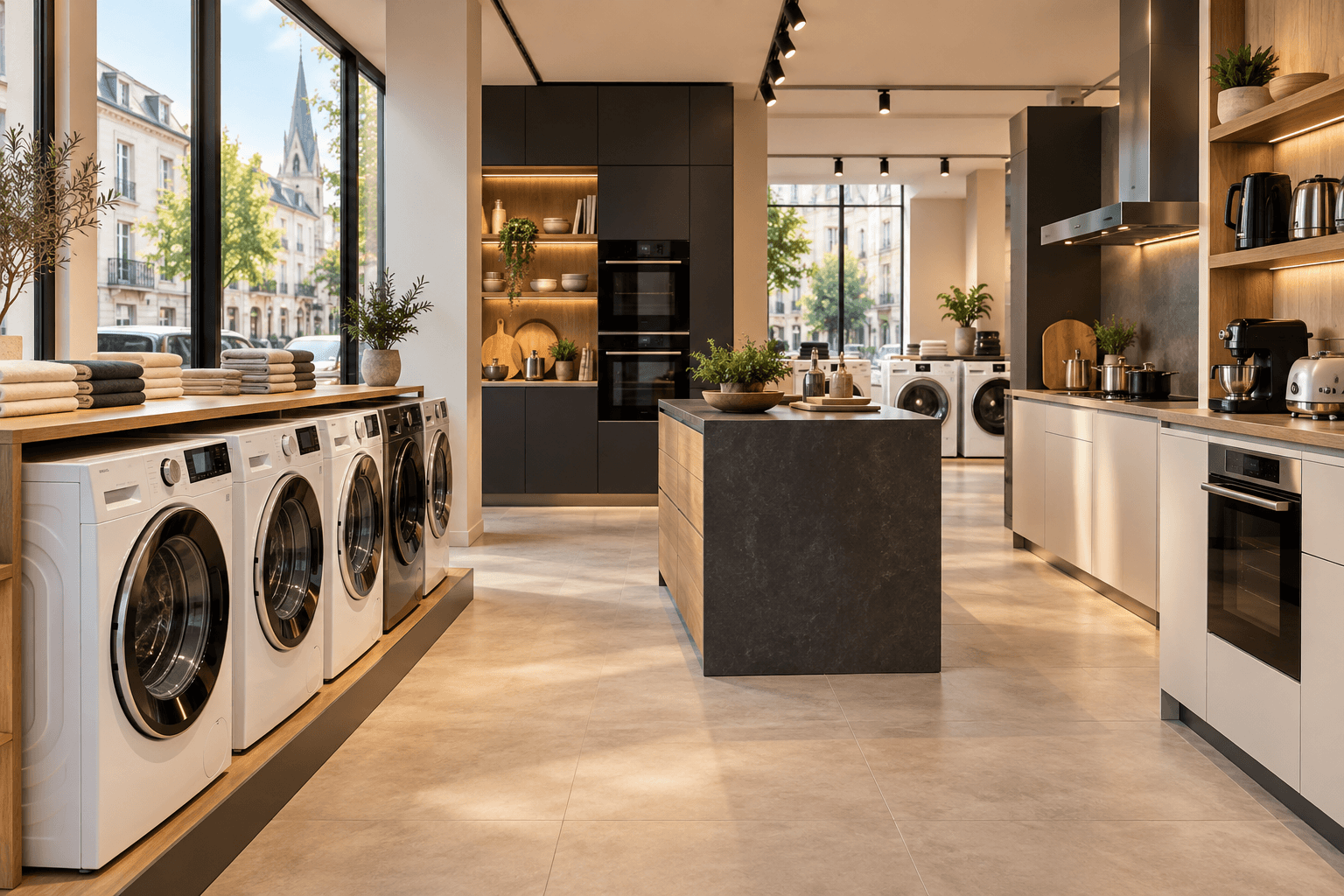 Verzorgde witgoedwinkel met keukenapparatuur en productpresentatie